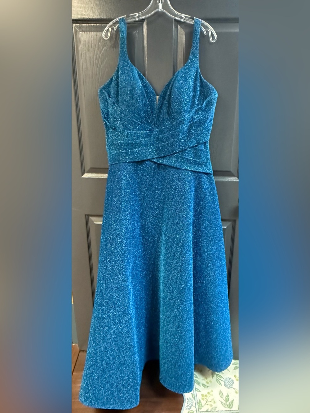 La Femme Sparkling Teal Blue A-Line Evening Dress MSRP $499